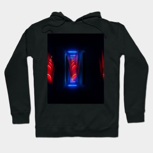 Digital collage and special processing. Sci-fi and mystic. Corridor. Red and blue lights. Hoodie